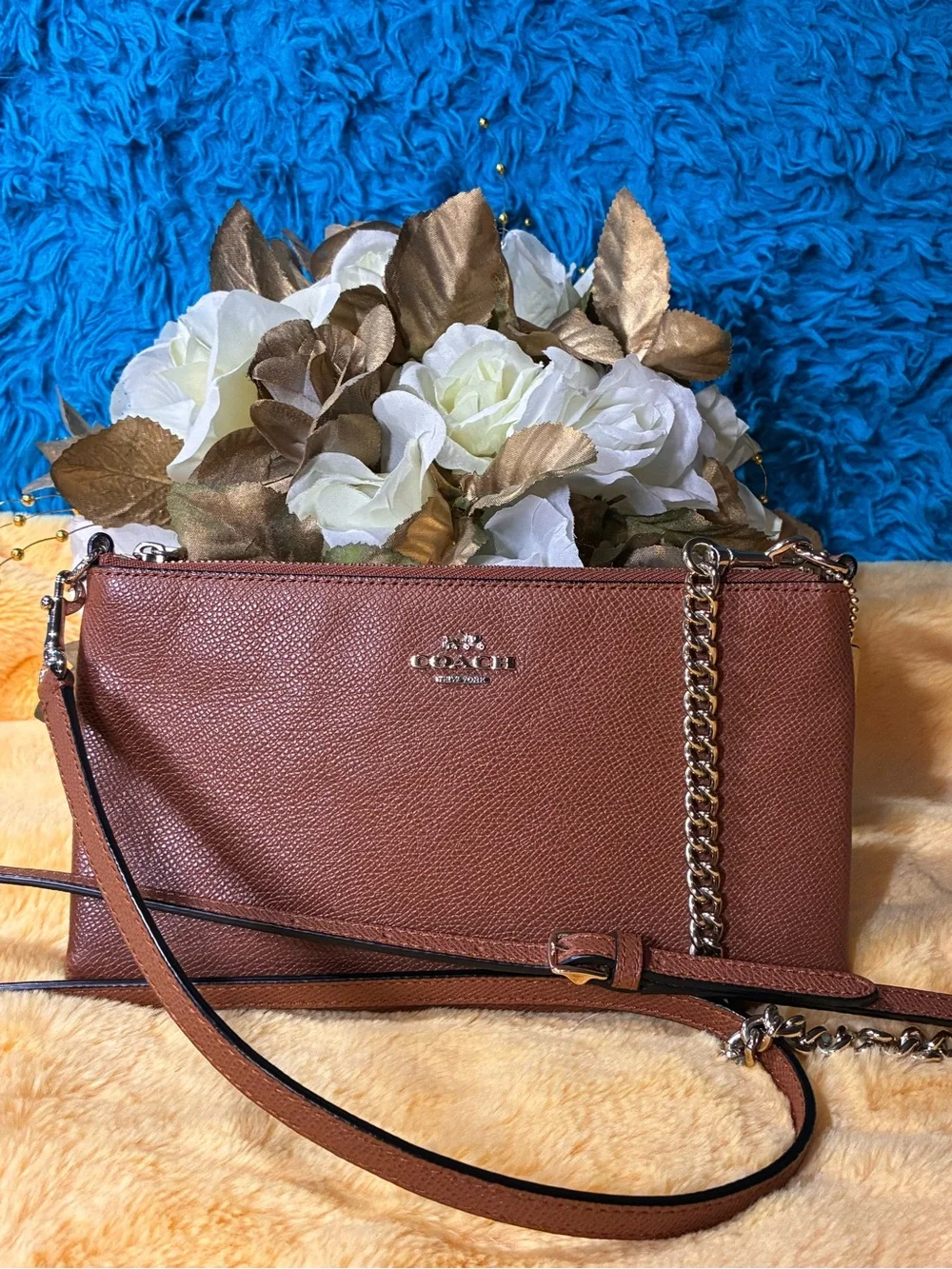 Coach Tan Pebbled Leather Crossbody with Gold Chain